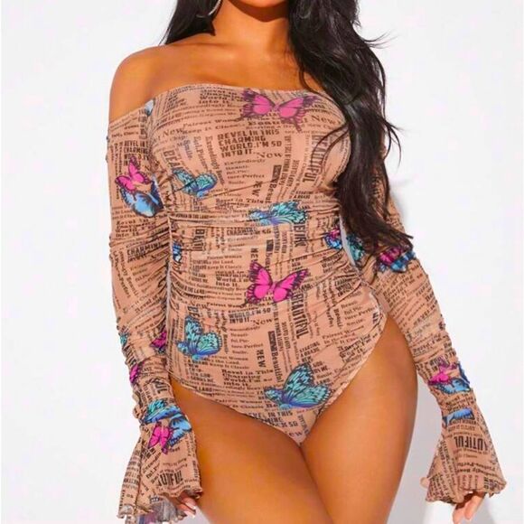 Y2K Fairycore Barbiecore Nude Mesh Butterfly Flare Sleeves Bodysuit - Picture 1 of 12